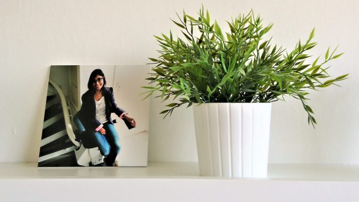 foto van rosita naast een plantje op een plank