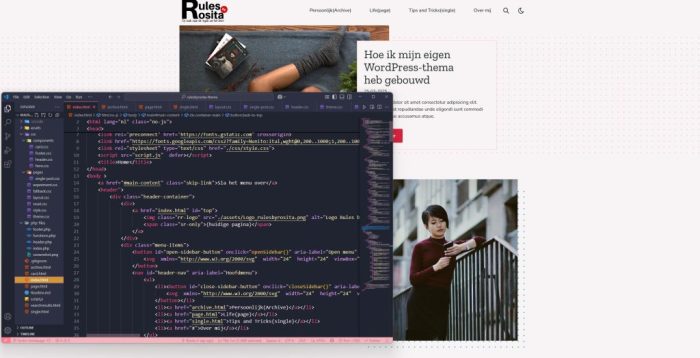 Screenshot van mijn scherm, waarop de tekst editor is geopend en op de achtergrond, de homepage van mijn thema.